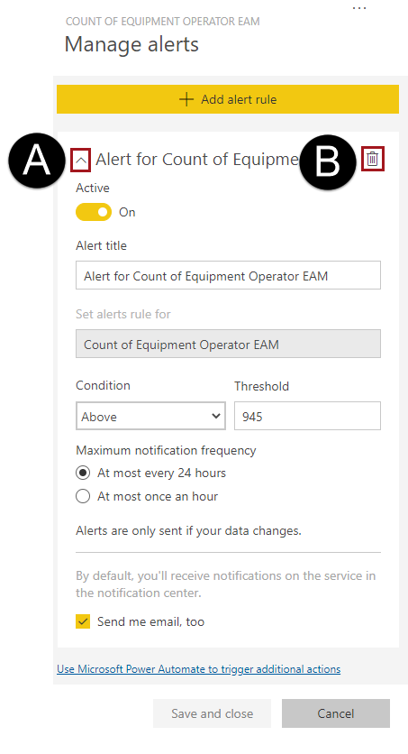 The expand option marked with A and the delete icon marked with B.