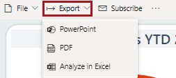 Export, Share, PowerPoint, PDF, and Analyze in Excel options.