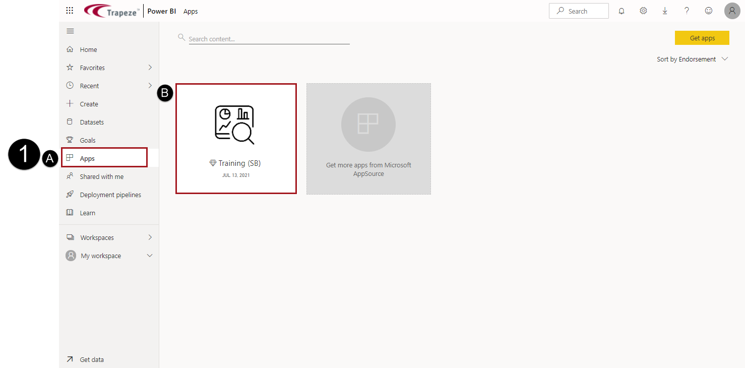 The opening Apps page with the Apps navigation item marked with 1A and circled in red and an app to open marked with B and circled in red.