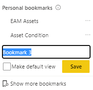 The Personal bookmarks option showing Bookmark 3 and Make default view.