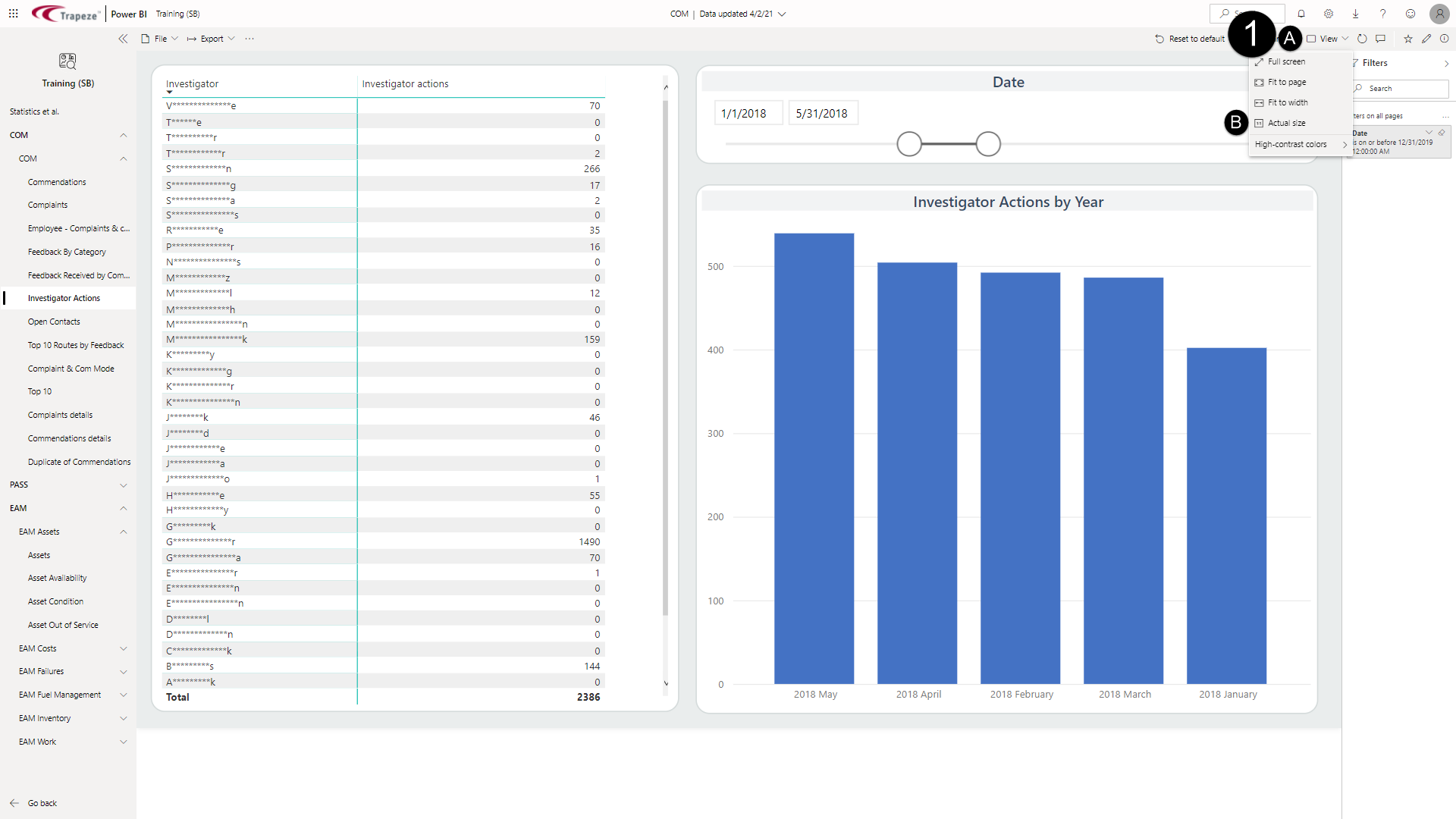 A report showing the View and a view option marked with callouts.