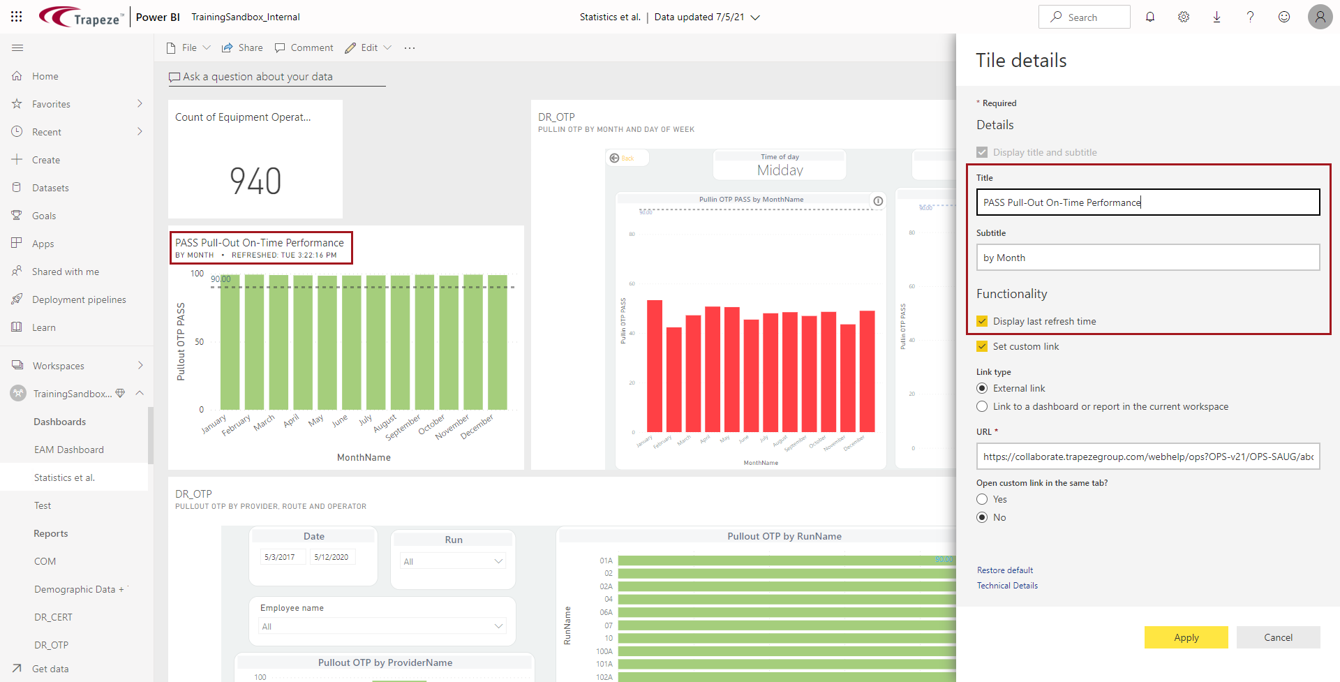 The Tile details pane showing the Title, Subtitle, and Display last refresh time options circled in red and the corresponding information circled in red on the dashboard tile.