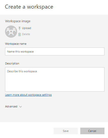 Create a workspace dialog showing Workspace name and Description fields.