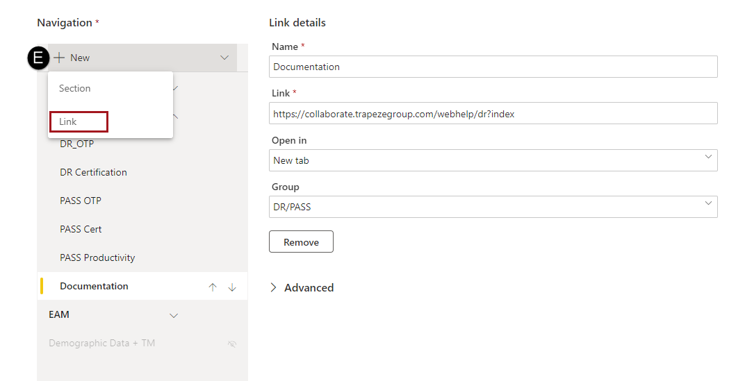 The +New option marked with E and link circled in red.