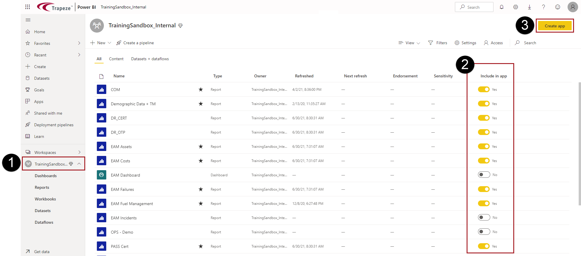 The Workspace area showing the workspace name in the navigation pane circled in red with a number 1, the Include in app list circled in red with a number 2 and the Create app button circled in red with a number 3.