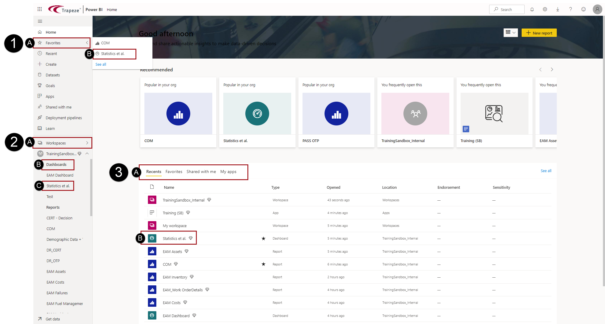 The Home canvas showing three different ways for accessing the Statistics et al. dashboard.