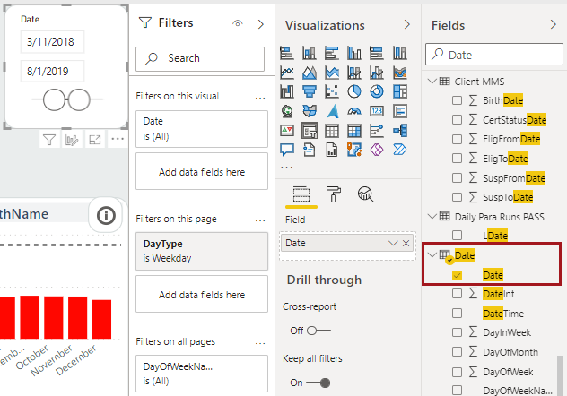 The Fields pane with the selected Date field circled in red.
