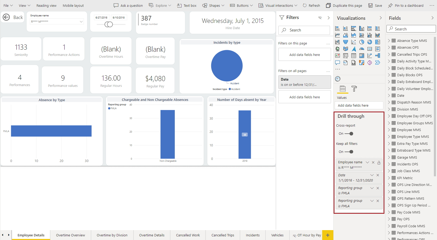 A report page showing employee details, including Seniority, Performance Actions, and Regular Pay.