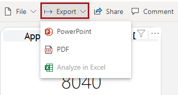 Export, Share, PowerPoint, PDF, and Analyze in Excel options.