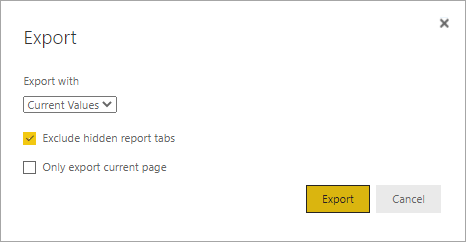 The Export dialog showing Export with Default Values and the Exclude hidden report tabs and Only export current page options.