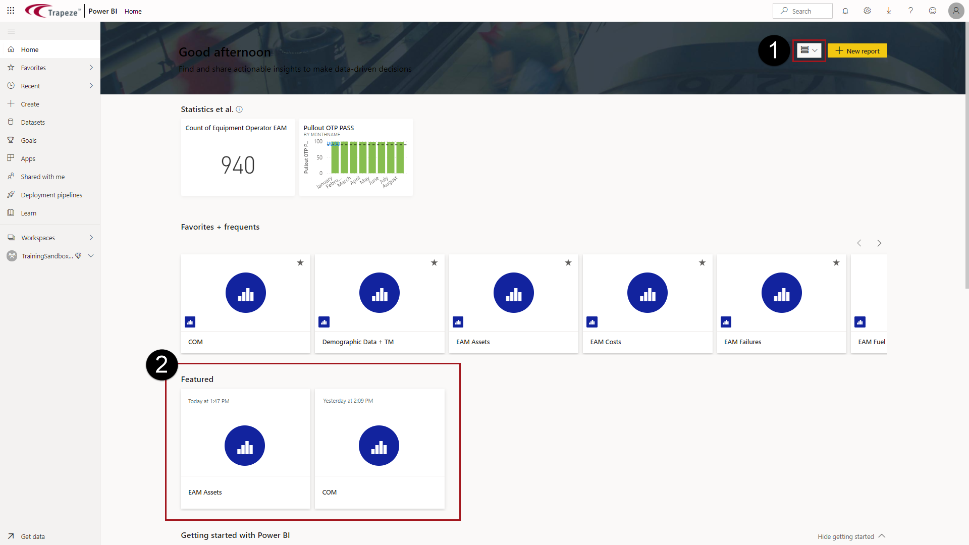 Home canvas with the Expanded option marked with a 1 and circled in red and the Featured area of the Home canvas marked with 2 and circled in red.