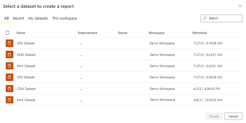 The Select a dataset to create a report options.