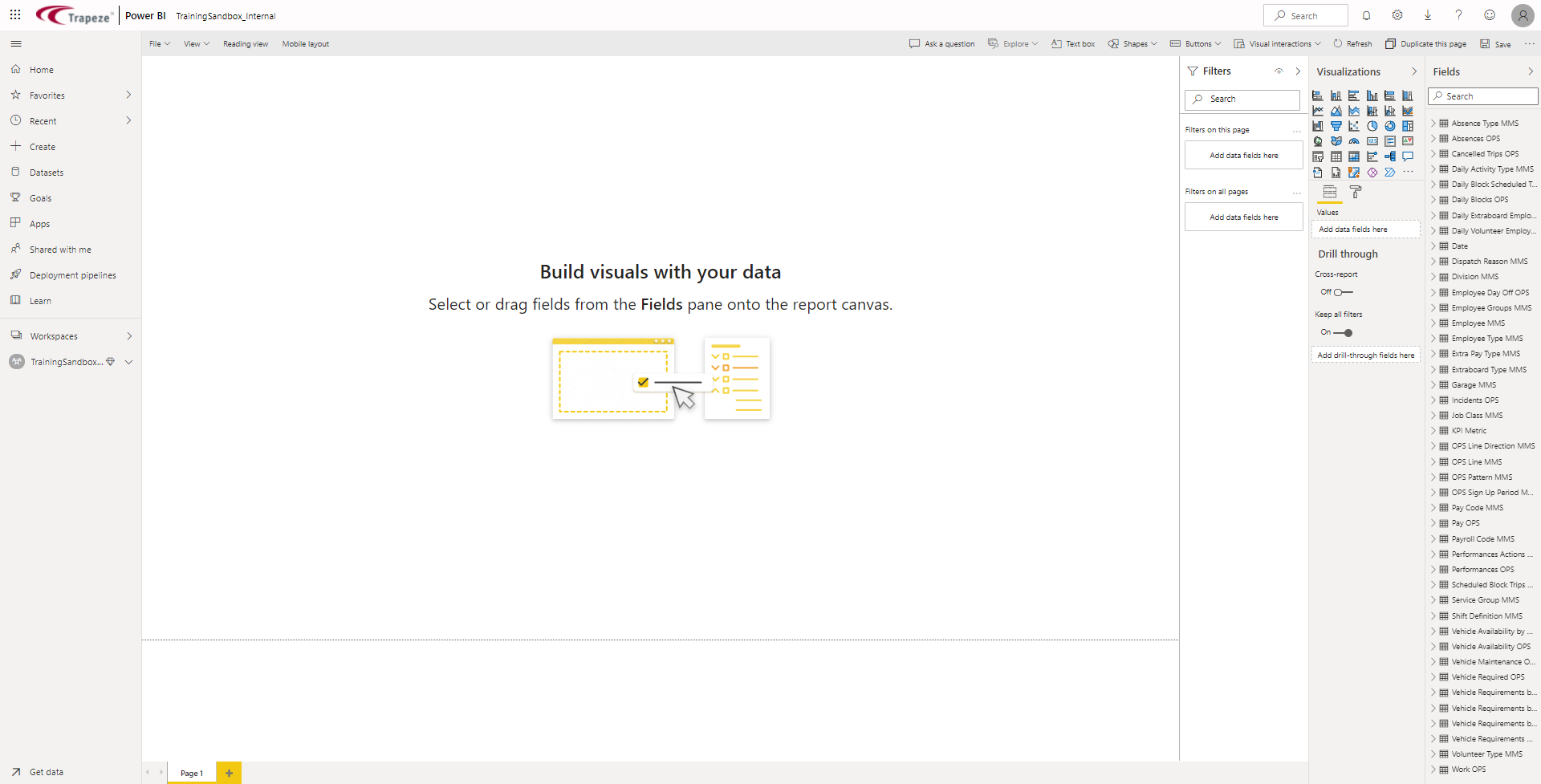 The new report canvas including the navigation pane, Filters options, Visualizations options, and Fields options.