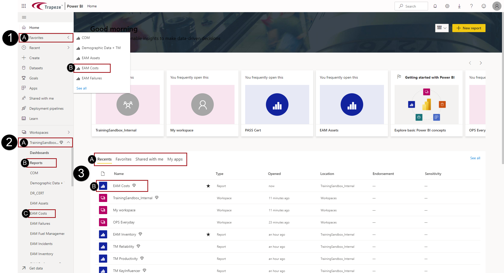 The Home canvas showing three different ways for accessing the EAM Costs report circled inr ed.
