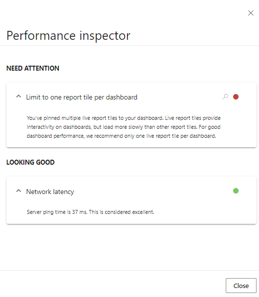 The Performance inspector showing one Needs Attention item and one Looking Good item.