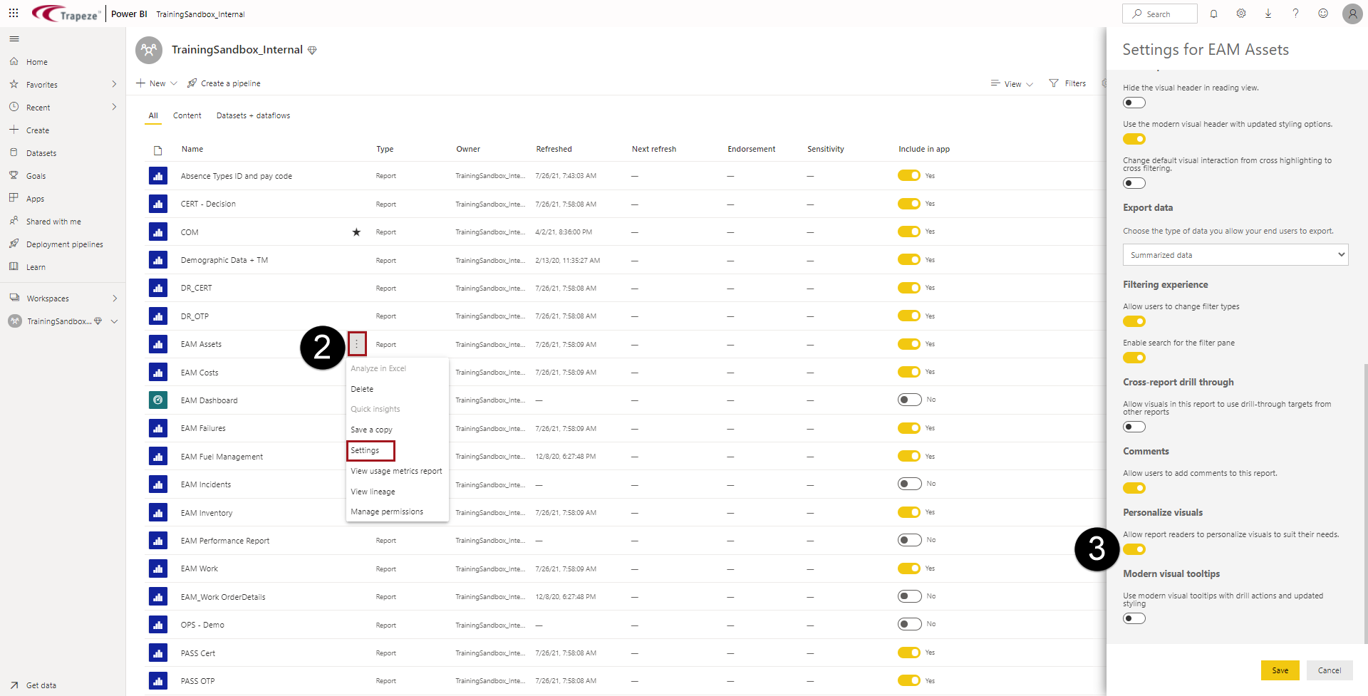 The workspace marked with 2 showing More Options (…) and Settings, and 3 showing the Personalize visuals toggle.