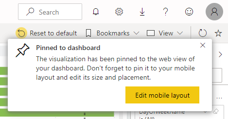 The Pinned to dashboard message showing the Edit mobile layout option.