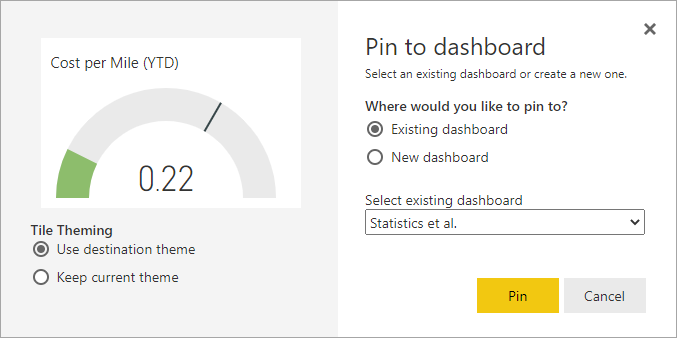 Pin to dashboard dialog for the Cost per mile tile.
