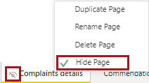 The right-click options menu with Hide Page circled in red and the hide icon circled in red.