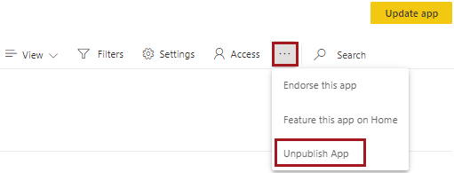 The workspace toolbar with More options (…) and Unpublish App circled in red.
