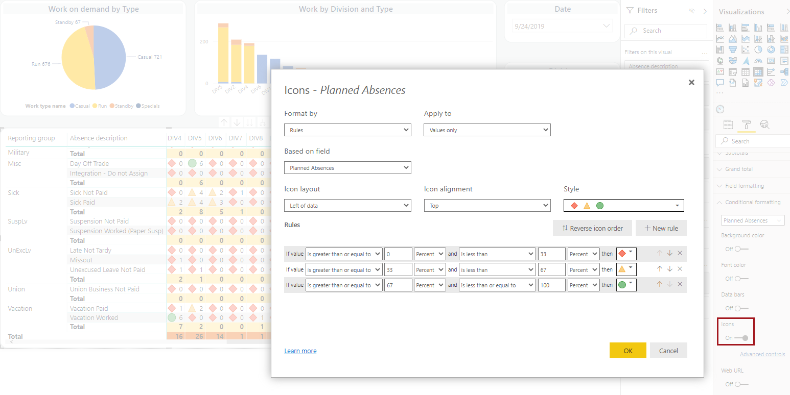 The Icons dialog and the Icons option and applied icons circled in red.