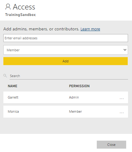 The Access page showing Enter email addresses and Member fields and an Add button.