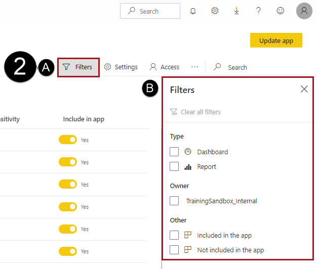 Filters options, including Dashboard and Report.