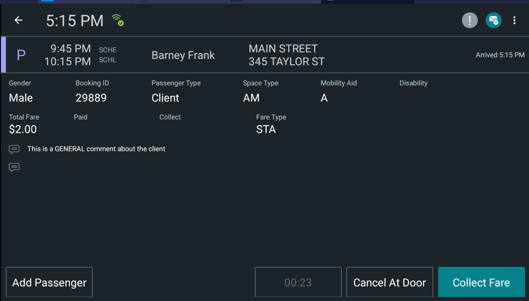 Fare Collection screen with sample data