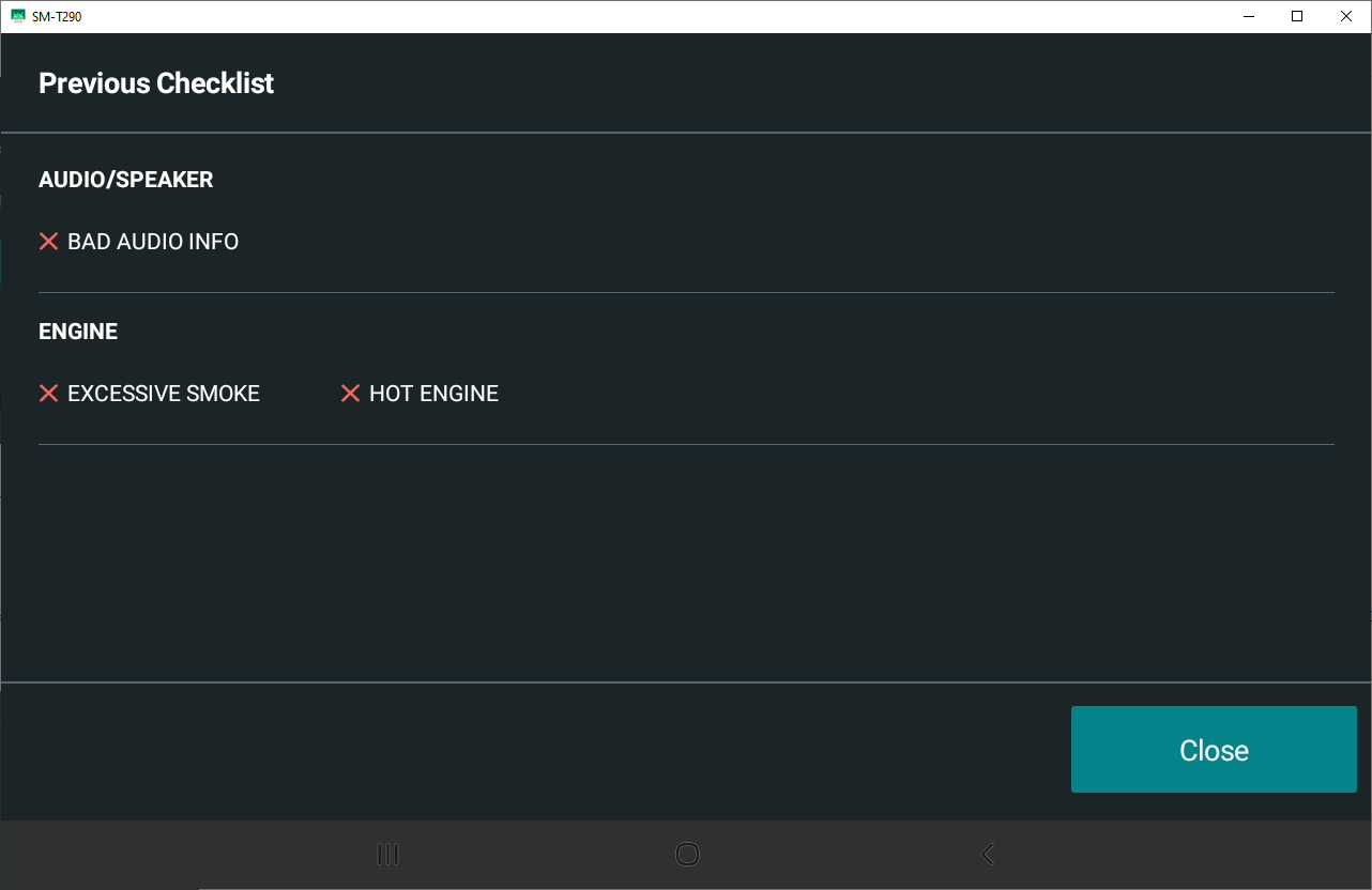 Previous Checklist pop-up window from EAM