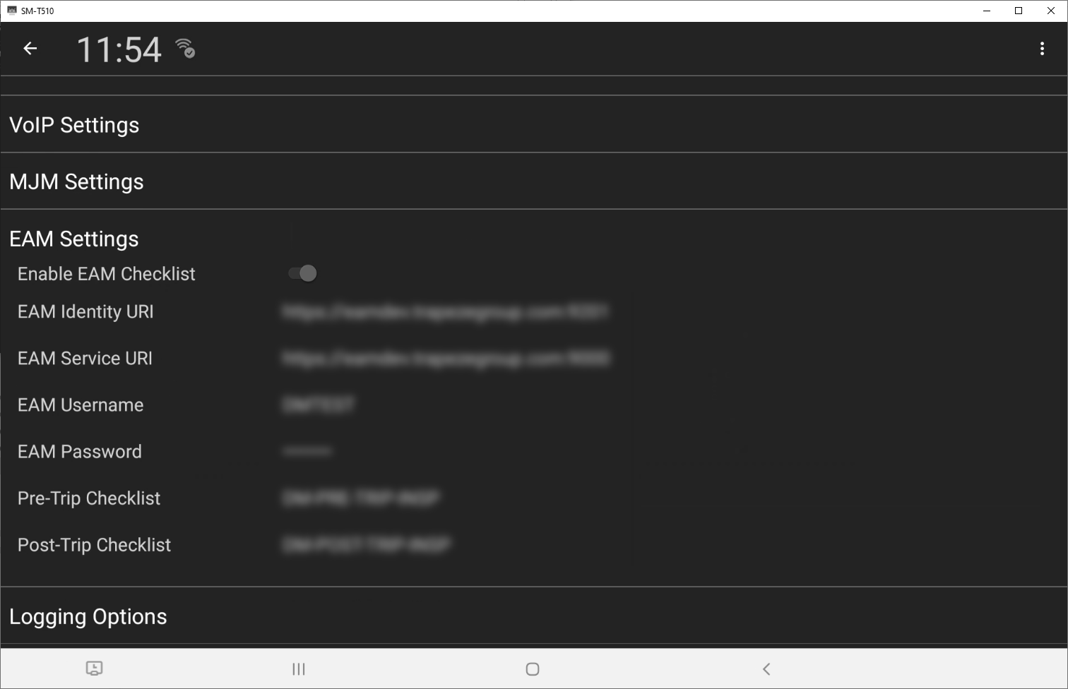 The DriverMate Android settings for EAM Checklist integration.