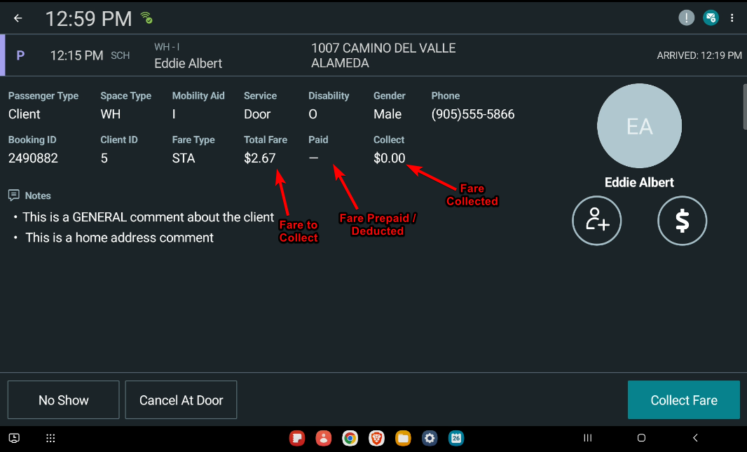 Fare Collection screen with sample data