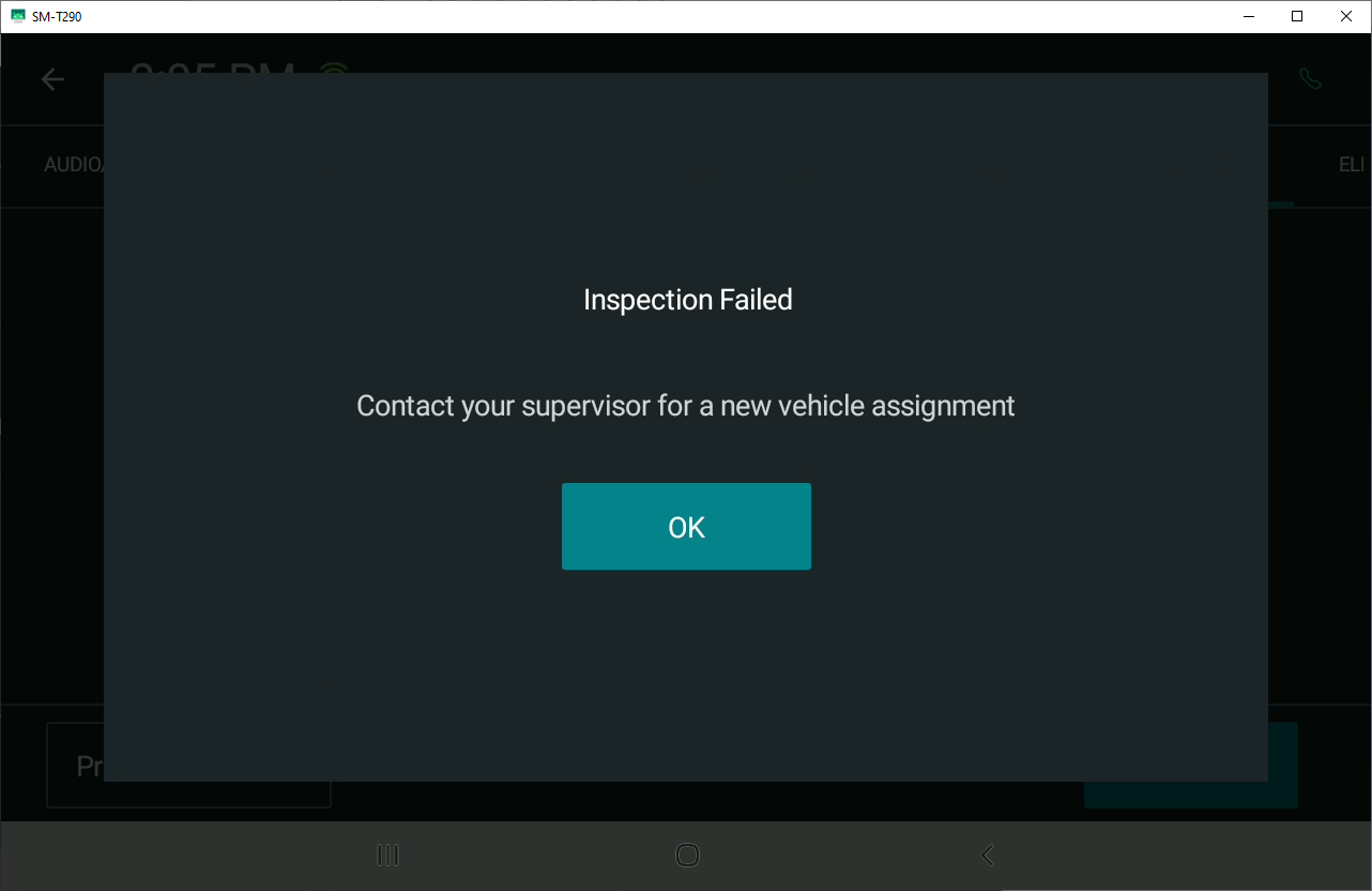 Inspection Failed pop-up window
