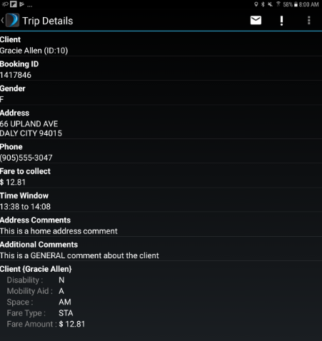 Sample Trip Details Screen