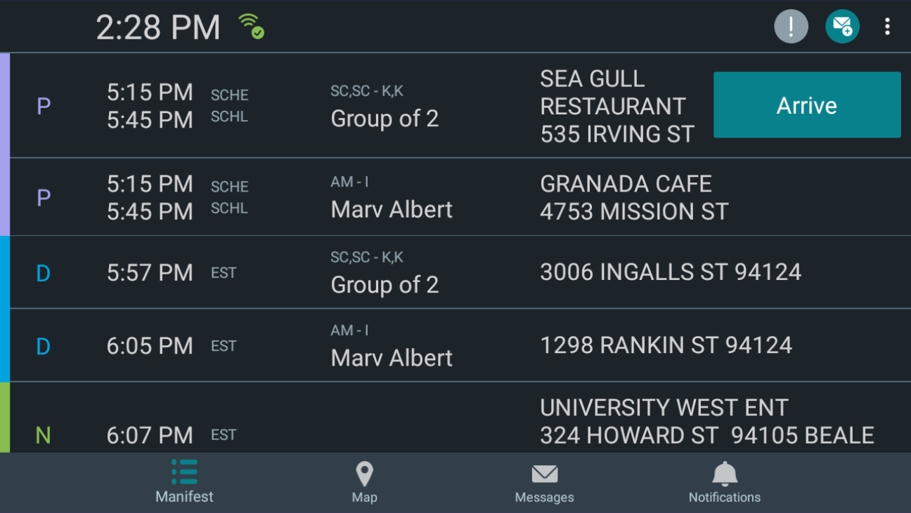 Sample manifest showing first event with Arrive button
