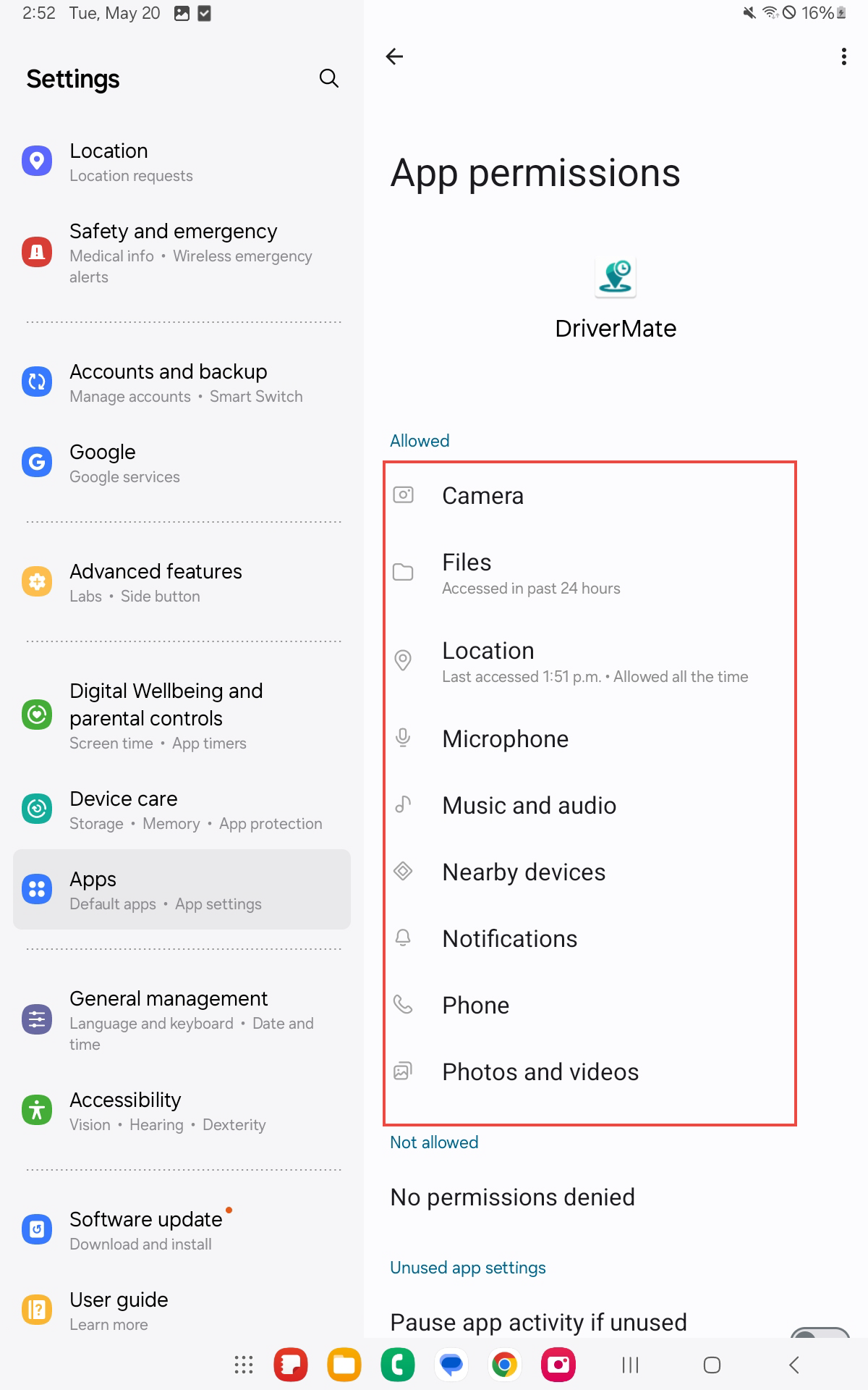 The DriverMate permissions in Android