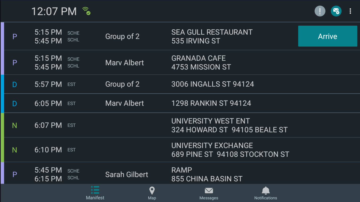 Manifest screen with sample events