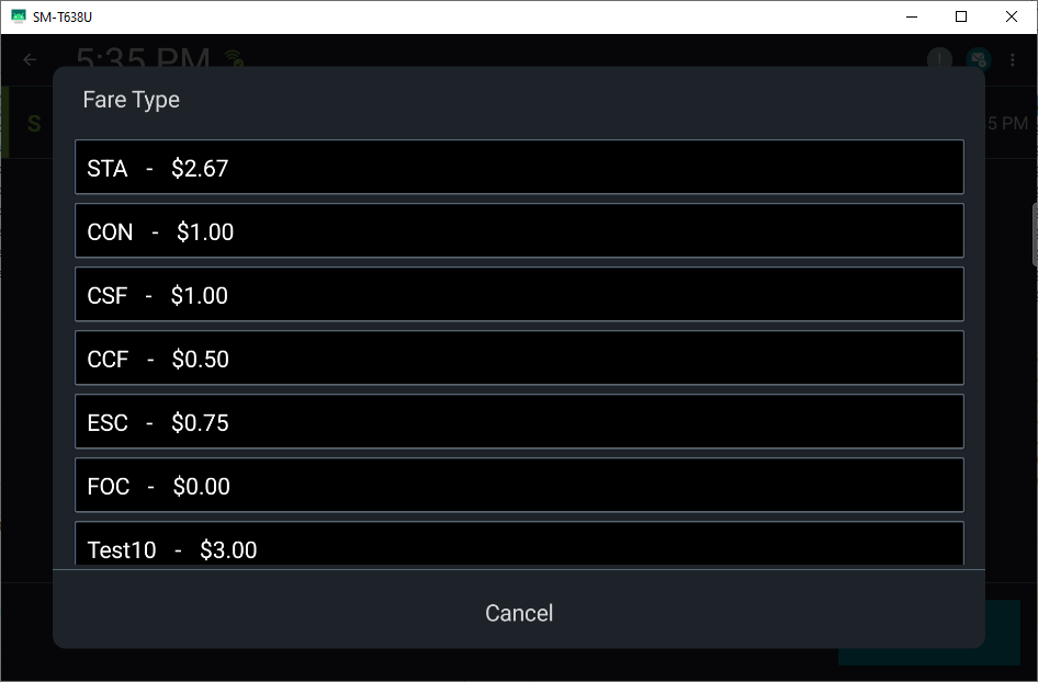 Fare Type pop-up window