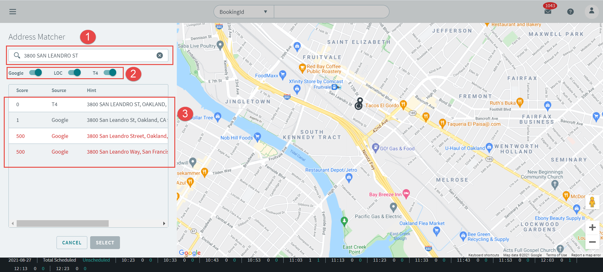 Numbered call outs of various features in the Address Matcher page.