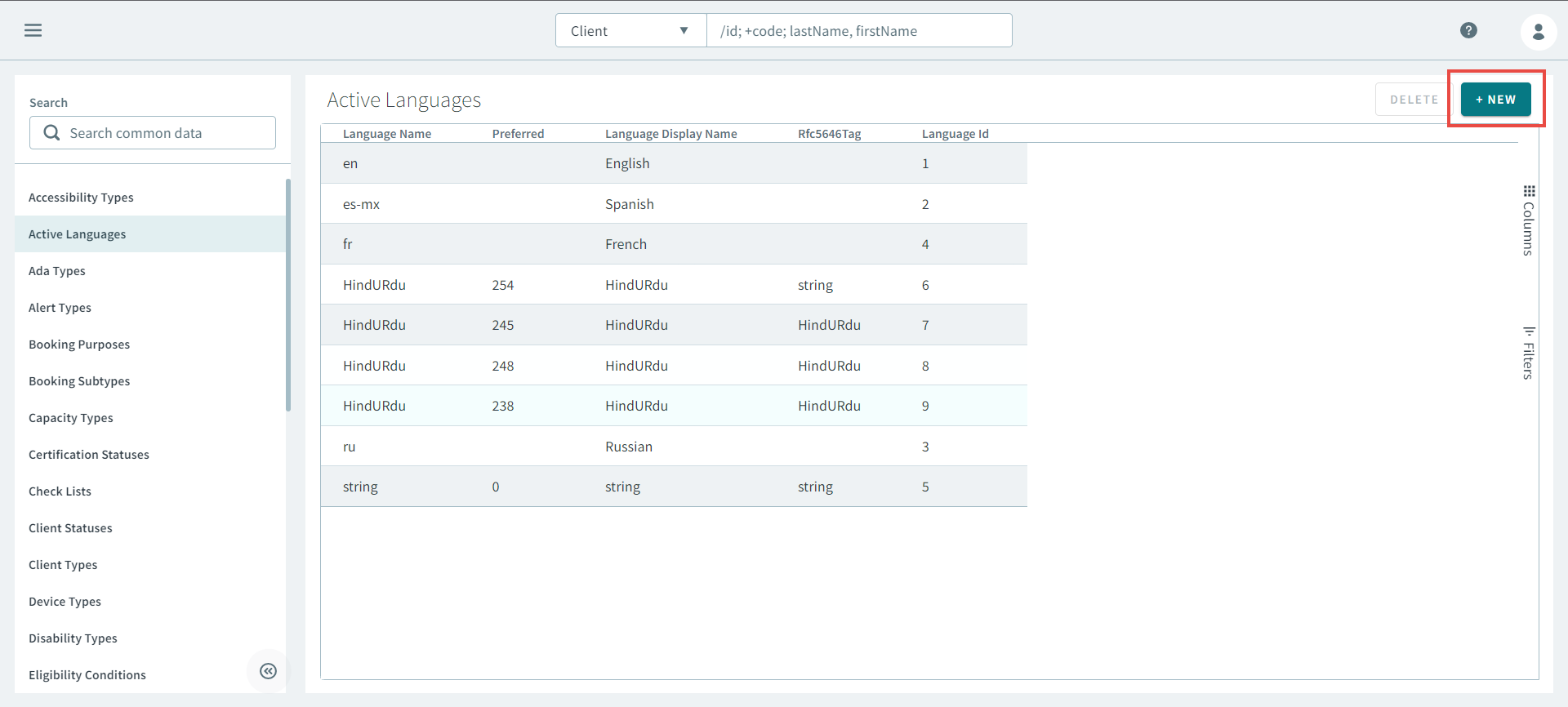 The new button highlighted by a red rectangle in the Active Languages page.