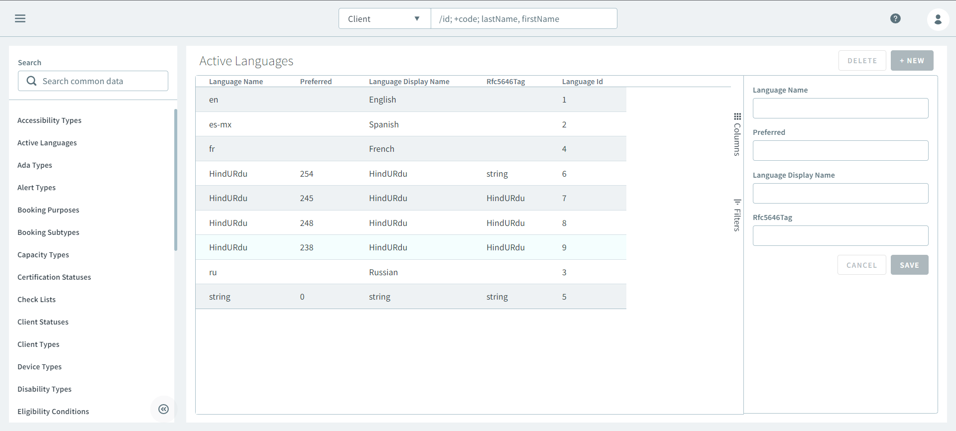 The Active Languages side pane.