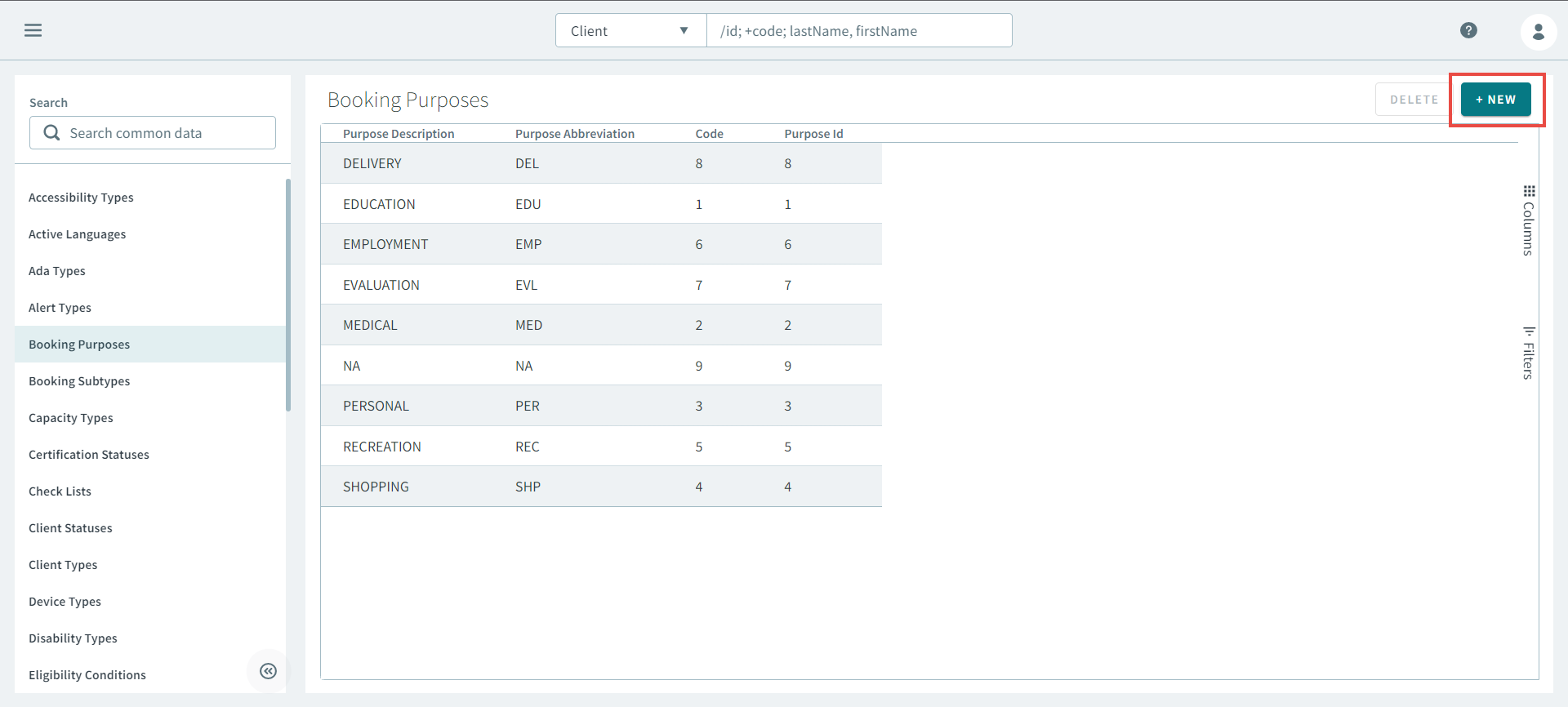 A red rectangle highlights the new button in the Booking Purposes page.