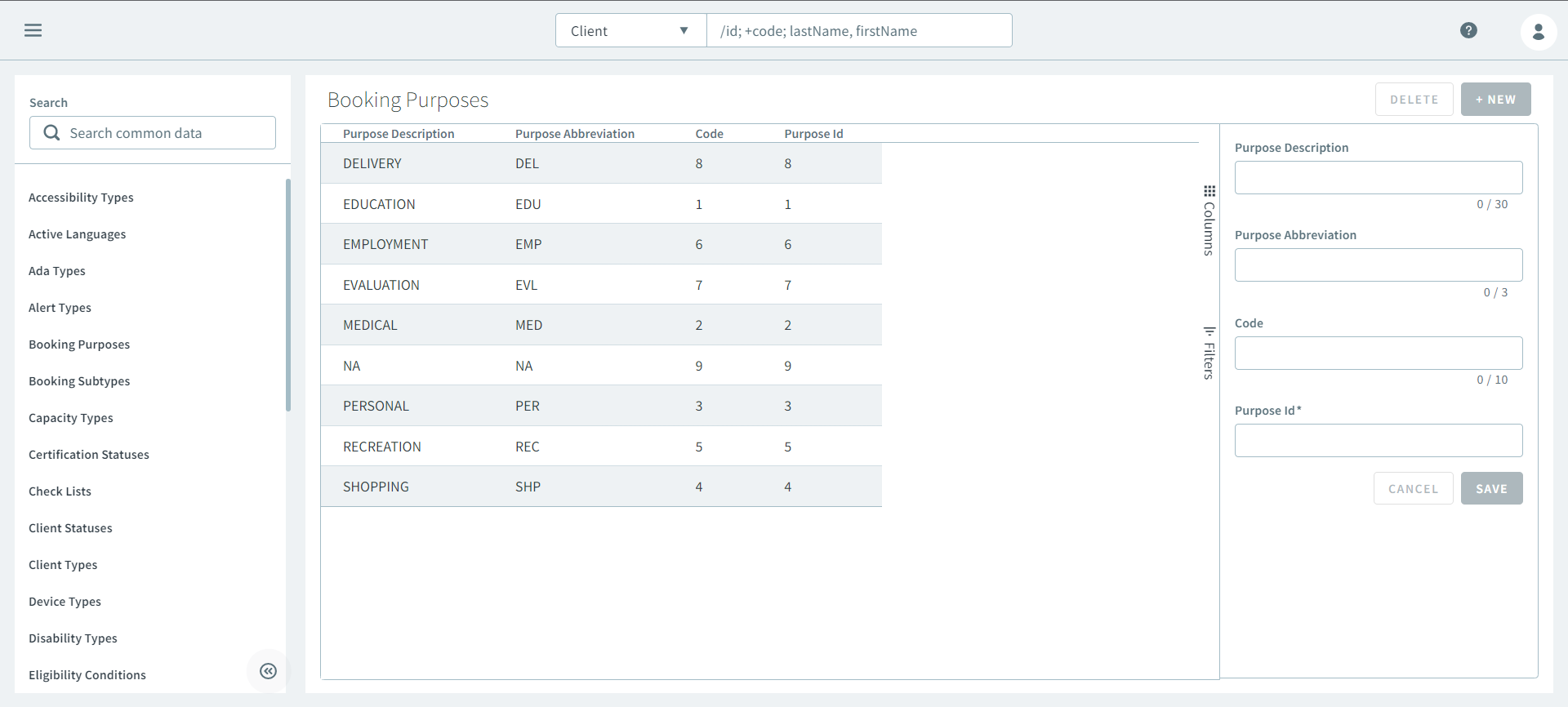 The side pane of the Booking Purposes page.