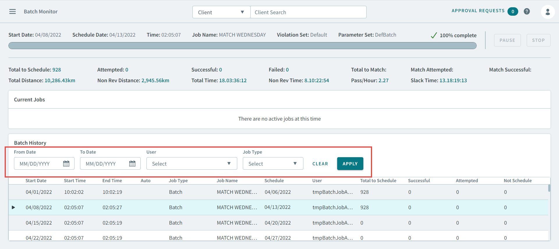 The Batch History search parameters