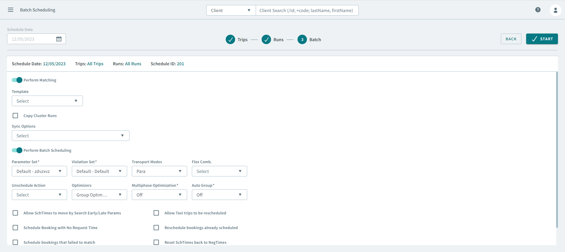 The Batch grid in the Batch Scheduling page.
