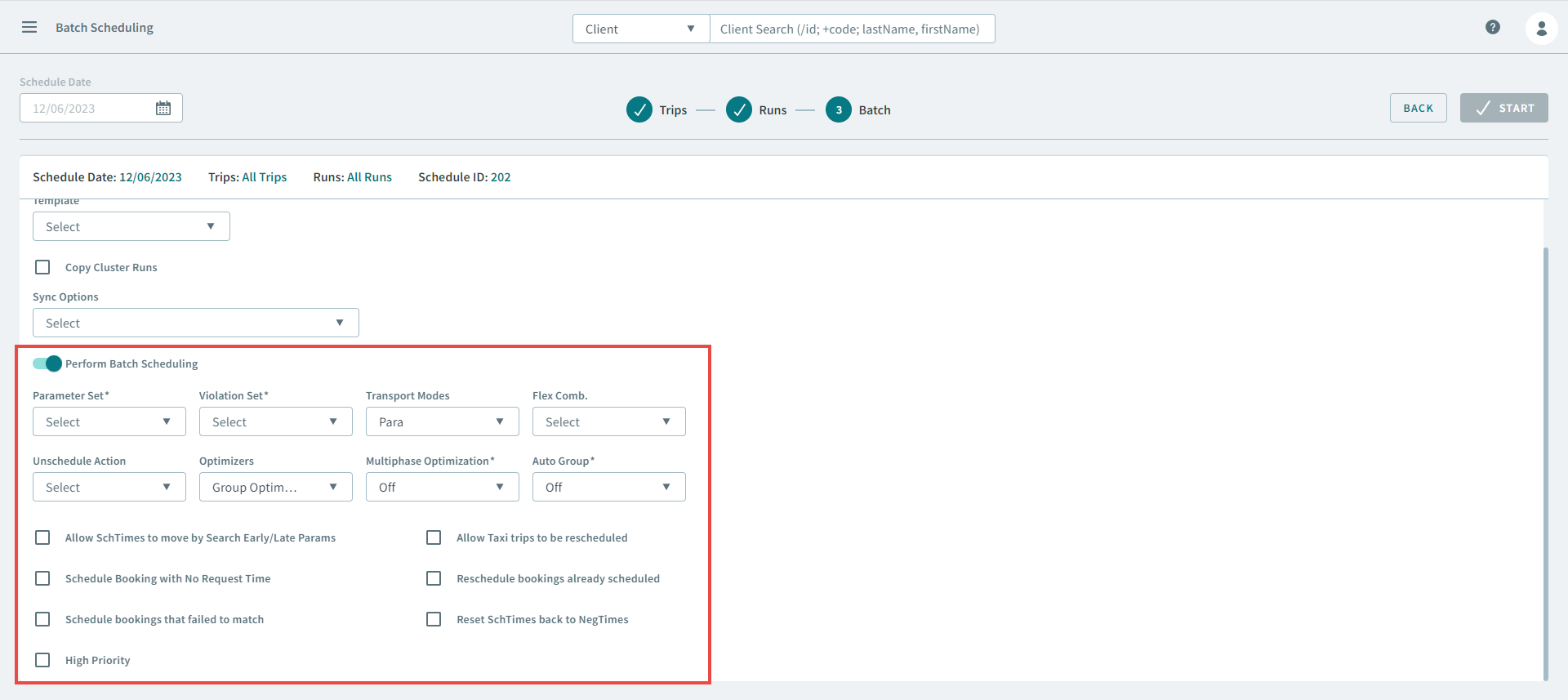 The Perform Batch Scheduling feature highlighted by a red rectangle