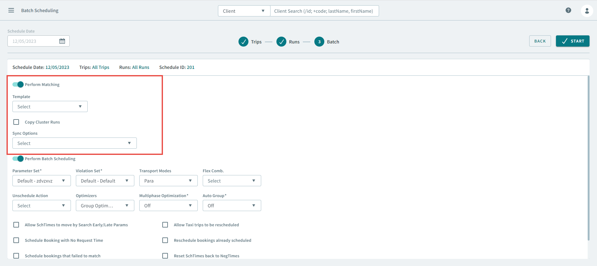 The Perform Matching feature highlighted by a red rectangle.