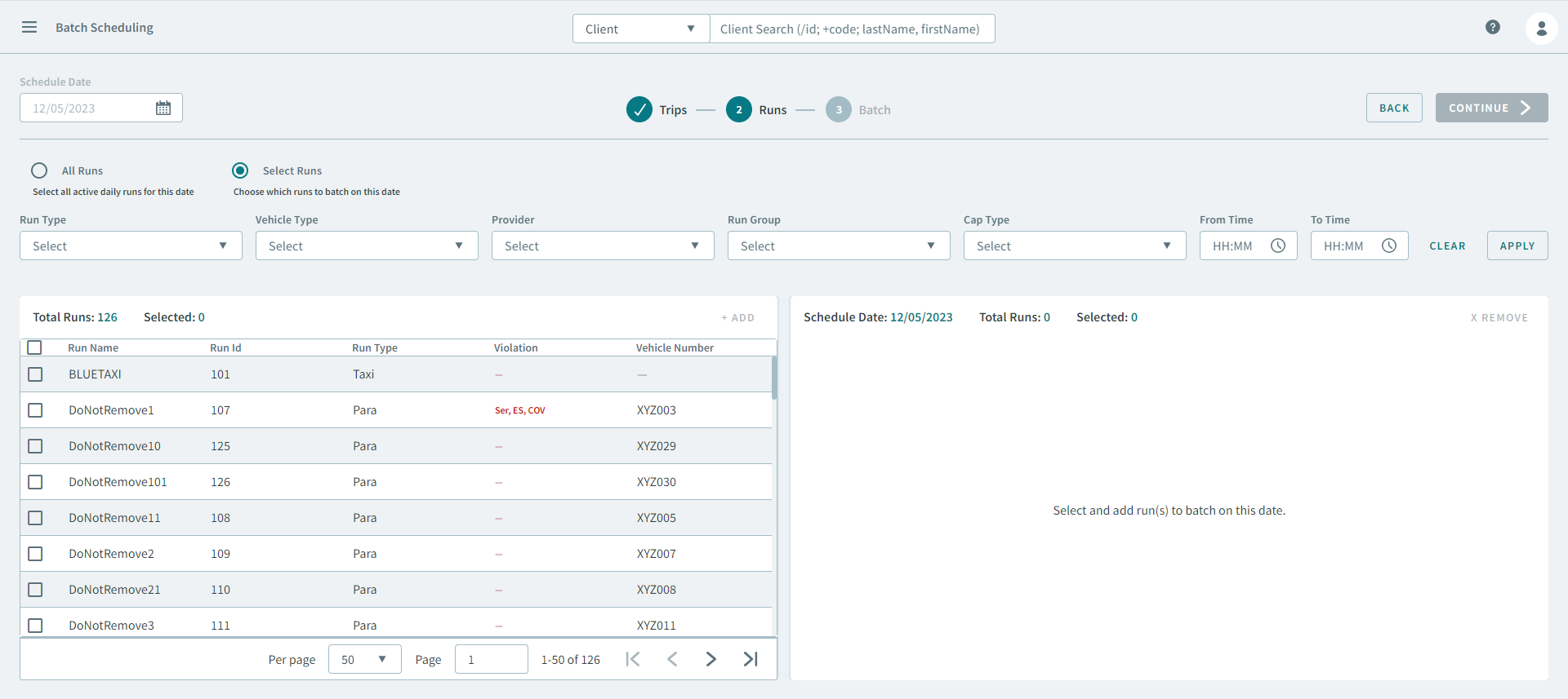 The Select Runs grid opens