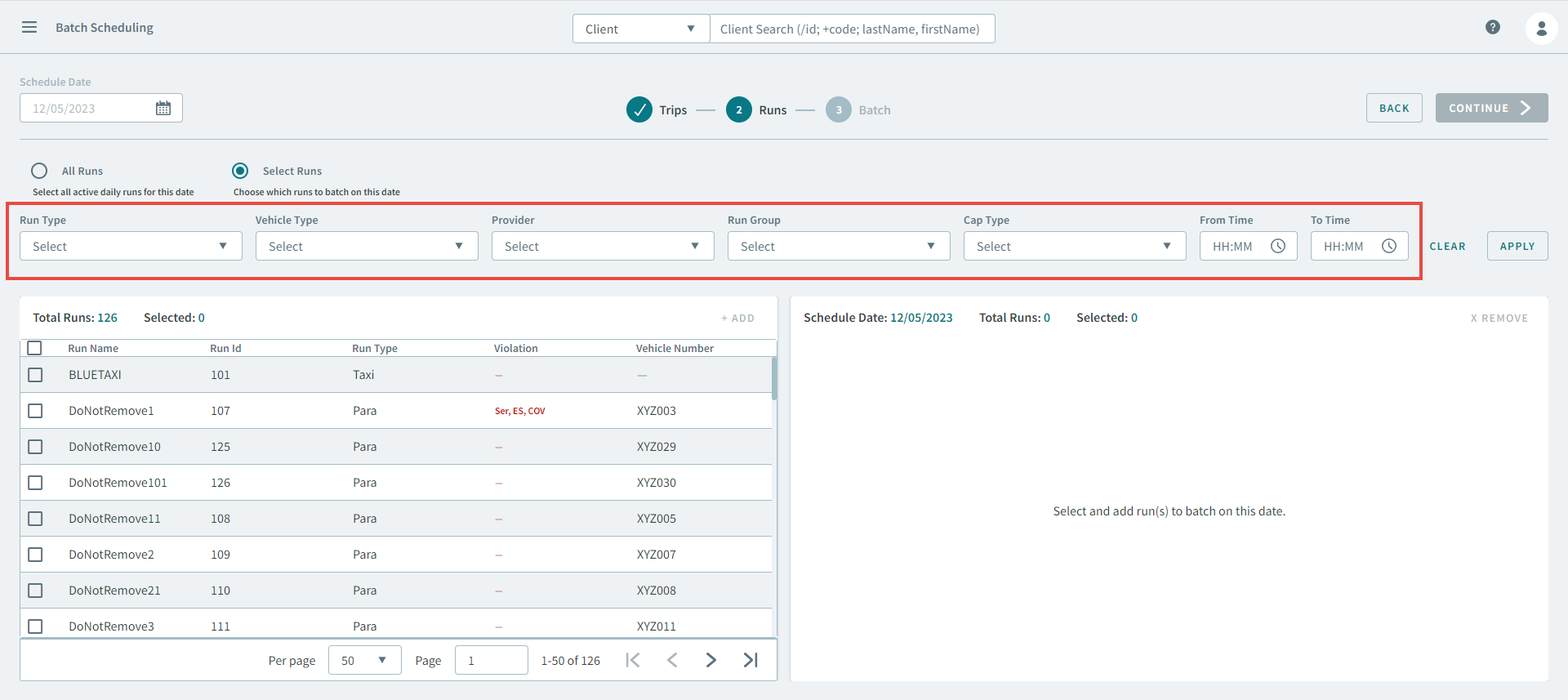 The Select Runs parameters in the Runs stage of the Batch Scheduling page.