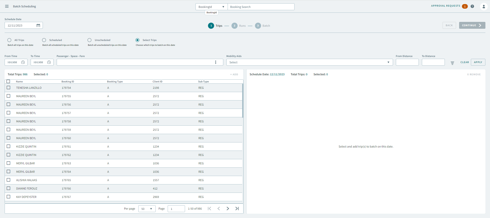 The Select Trips grid open in Batch Scheduling