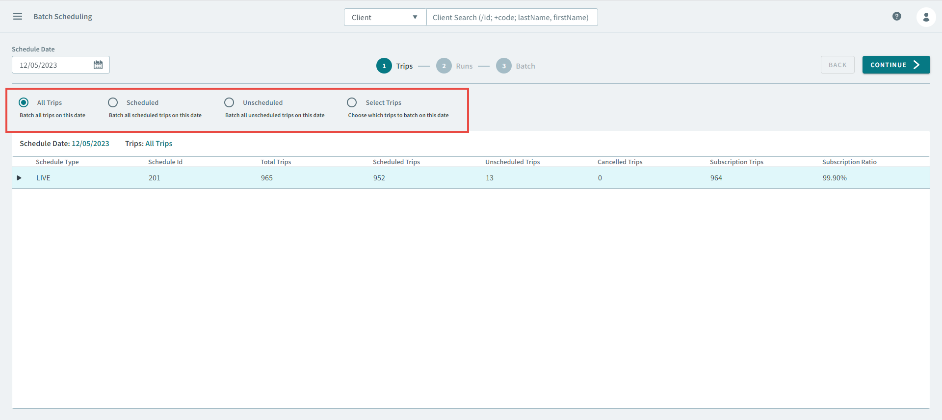 The Trips options in the Batch Scheduling page.